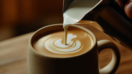 Creamy beverage with latte art being poured in. The smooth cream is a contrast to the brown coffee creating a delicate design.