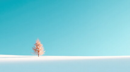Solitary tree stands against vast blue sky and white snow, evoki
