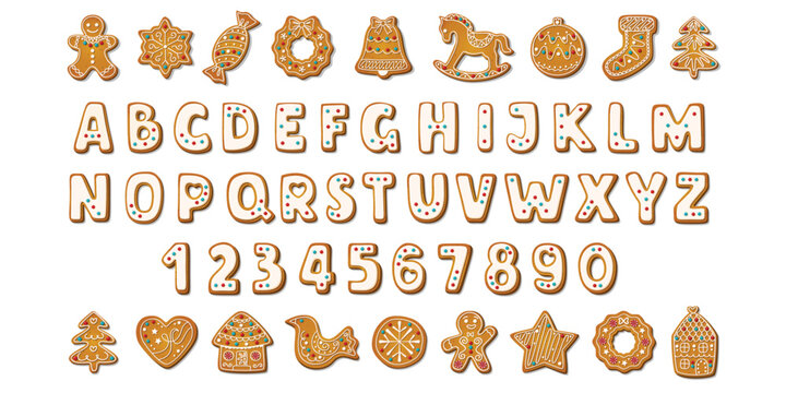 Gingerbread alphabet font and numbers. Winter homemade sweet cookies in festive shapes. Biscuit letters for xmas holiday message. Cute cartoon Vector illustration