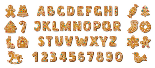 Gingerbread alphabet font and numbers. Winter homemade sweet cookies in festive shapes. Biscuit british letters for xmas holiday message. Cartoon vector illustration