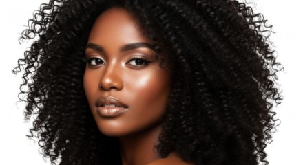 A stunning woman with voluminous curly black hair and radiant skin poses confidently, isolated on transparent background