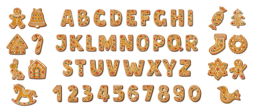 Gingerbread alphabet font and numbers. Winter homemade sweet cookies in festive shapes. Biscuit british letters for xmas holiday message. Cartoon vector illustration