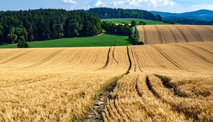 Golden wheat field stretches to a forested hillside under a partly cloudy sky