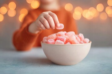 Colorful candies in bowl shine against warm, glowing background