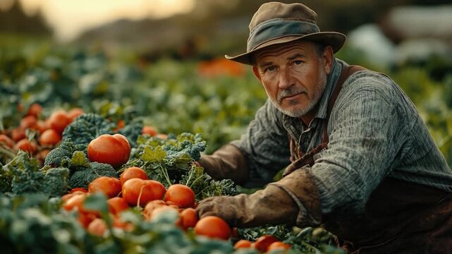 A person wearing a hat picks tomatoes from a garden