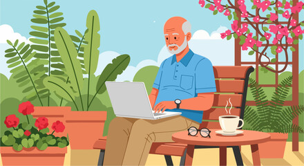 Senior using laptop in garden showing relaxation with modern device near rose bushes. Senior using laptop, he enjoys peaceful outdoor space with coffee and eyeglasses on table.