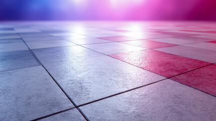 Checkerboard floor glossy tile neon light reflective surface pink blue glow empty room modern interior geometric pattern serene