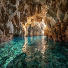Naklejka premium Underwater cave sunlight turquoise water