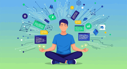 Conceptual illustration of mindfulness meditation with coding interface, depicting digital detox in calm posture. Mindfulness meditation as metaphor for mental wellbeing,