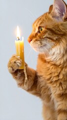 Ginger cat holding a lit candle