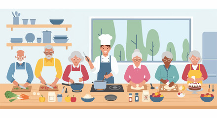 Cooking class with senior citizens, a cheerful scene featuring several older adults learning cooking skills alongside a young chef, fostering culinary fun. During cooking class,