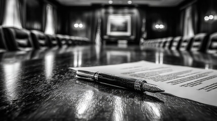 Obraz premium Boardroom table fountain pen meeting agenda document signature contract negotiation corporate