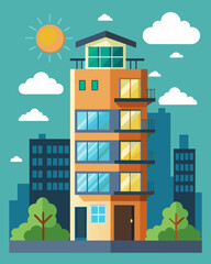 Fototapeta premium A multistory urban building powers all its units with solar energy and utilizes a central home automation system for convenient management of resources.. Vector illustration