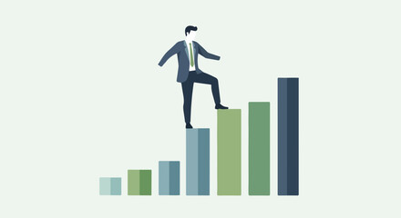 Achieving business growth with a person walking up bar graph representing progress and advancement. Demonstrating business growth, person strides confidently across escalating columns,