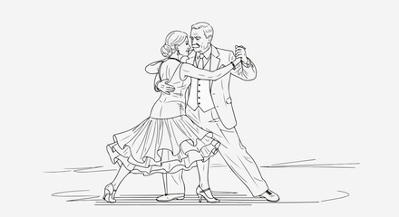 Obraz premium Tango dance illustration features tango dancers in elegant pose. Couple performs tango, captured in intricate line art with graceful figures and refined details.