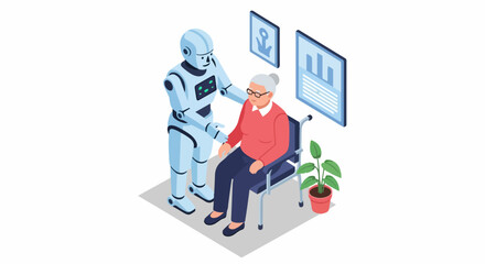 Robot assistance for elderly woman in wheelchair, showing compassionate ai. Robot gently comforts elderly woman, offering technological advancements. Embrace concept robot assistance,