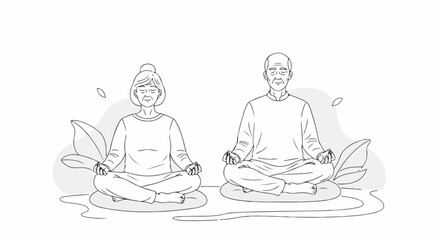 Senior couple meditation depicted with woman and man in lotus position on white backdrop. Senior couple meditation involves mindfulness and conscious breathing,