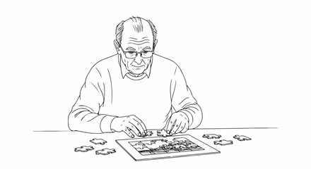 Solving puzzle at table is enjoyable pastime for seniors, as illustrated in this line drawing of retired man solving puzzle. Man focused on complex task, piece by piece,