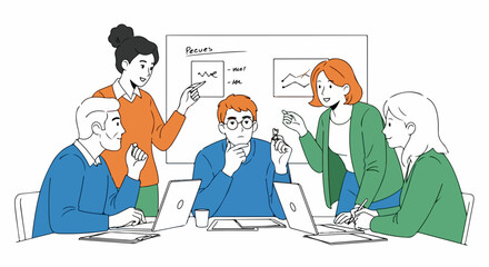 Team brainstorming in an office, colleagues analyze business stats during team brainstorming, finding innovative solutions for business development. Group team brainstorming session.