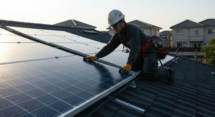 Rooftop solar panel installation by a worker wearing safety gear.