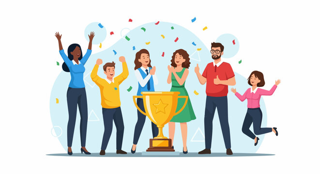 Team celebrating success with golden trophy and confetti against white background. Team celebrating win embodies unity and teamwork, reflecting shared goals, recognition and positive reinforcement,