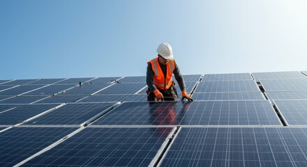 Worker in safety gear inspecting solar panels against a clear blue sky.