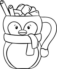 funny New Year's mug in the shape of a penguin, cocoa with marshmallows and cinnamon, cozy Christmas drink, simple vector black and white icon, doodle and sketch style