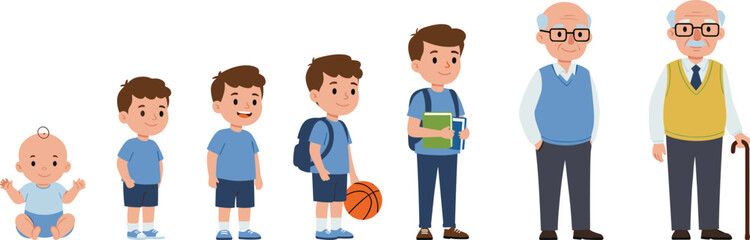 Baby childhood boy, growing teenager student, young man adult, elderly grandfather, family life stages, human aging process illustration vector