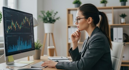 Woman looks at computer screen with stock market graph in office.