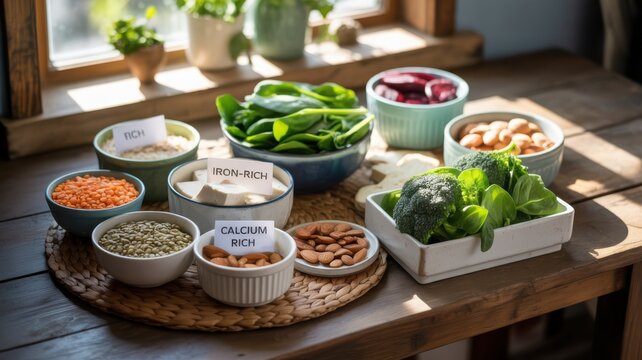 Healthy Vegan Protein Sources Wooden Table Green Plants Sunlight Diet Nutrition Wellbeing Lifestyle