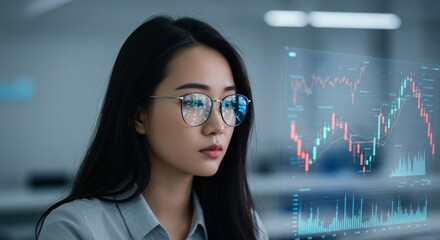 Woman with glasses looks at stock market graph on transparent screen.