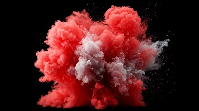Orange red color powder explosion starting as a burst and developing into a dense cloud of dust on a dark background footage