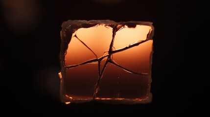 Closeup of cracked translucent amber square illuminated from inside with dramatic light and soft blur