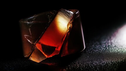 Macro view of fractured glowing amber stone with sharp edges reflecting light on dark surface