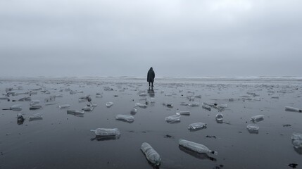 Person standing alone on polluted beach surrounded by plastic bottles symbolizing environmental problems and waste