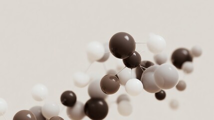 Glossy molecular structure with connected spheres, shallow depth of field and soft bokeh background