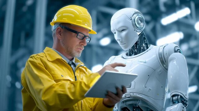 Professional engineer in protective gear analyzes digital data with white humanoid robot in high-tech industrial workspace, demonstrating technological collaboration.