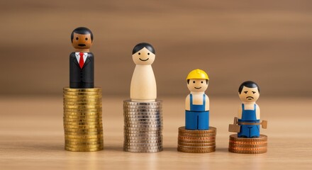 Wooden figures stand on different stacks of coins representing social inequality.