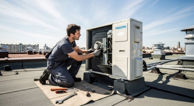 Man is repairing rooftop air conditioning unit. Technician performing hvac maintenance service on a commercial building roof. AC repair job on a warm day.