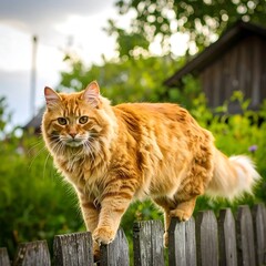 Ginger cat on a rustic wooden fence