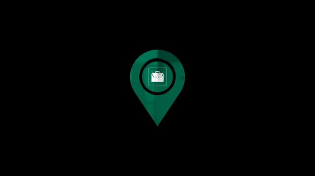 office location 3d pin icon animation on transparent, green color pin with white office bag