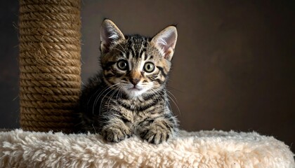A tabby kitten on a cat tree