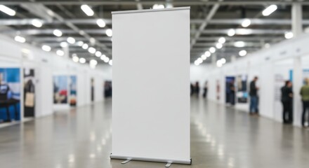 Blank white banner stands in a large hall with people and displays.