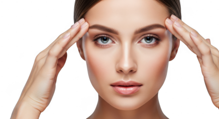 A woman with striking blue eyes and flawless skin, her hands framing her face isolated on transparent background