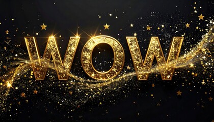Golden 'WOW' text on a dark background with glitter