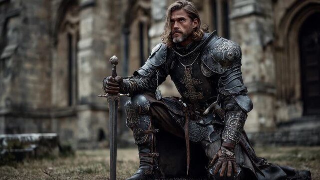 A Gallant Knight in Shining Armor Kneeling Gracefully with Sword Outdoors