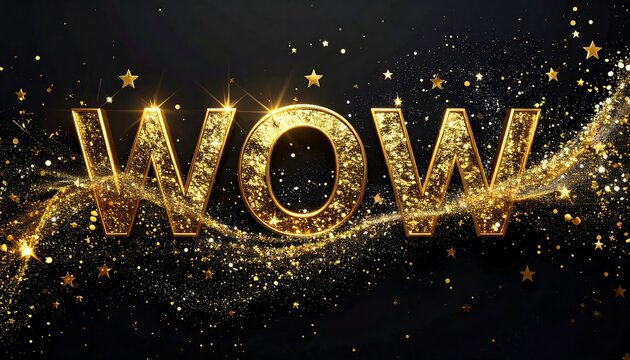 Golden 'WOW' text on a dark background with glitter - Powered by Adobe