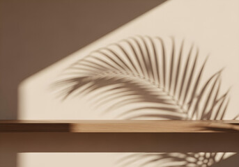 Sunlit palm leaf shadows cast across a neutral textured wall and wooden surface