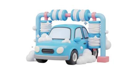 3D Car Wash Scene with Foamy Soap and Bubbles Clean Transportation Auto Detailing Fresh Finish on transparent background