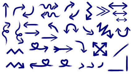 A diverse collection of hand-drawn dark blue arrow doodles, icons, and symbols pointing in various directions on a white background.